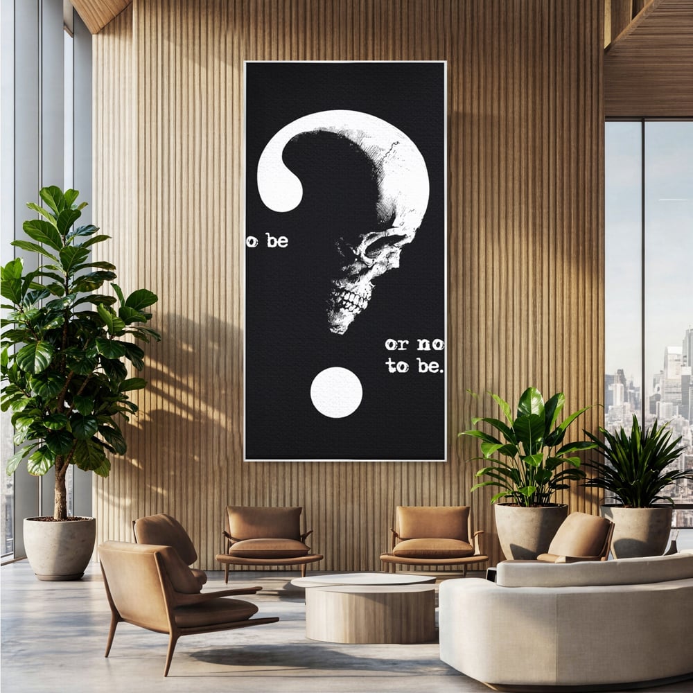 Tablou canvas cu tablou canvas cu craniu si semnul intrebarii, in rama de aluminiu argintiu, pe perete intr-un birou
